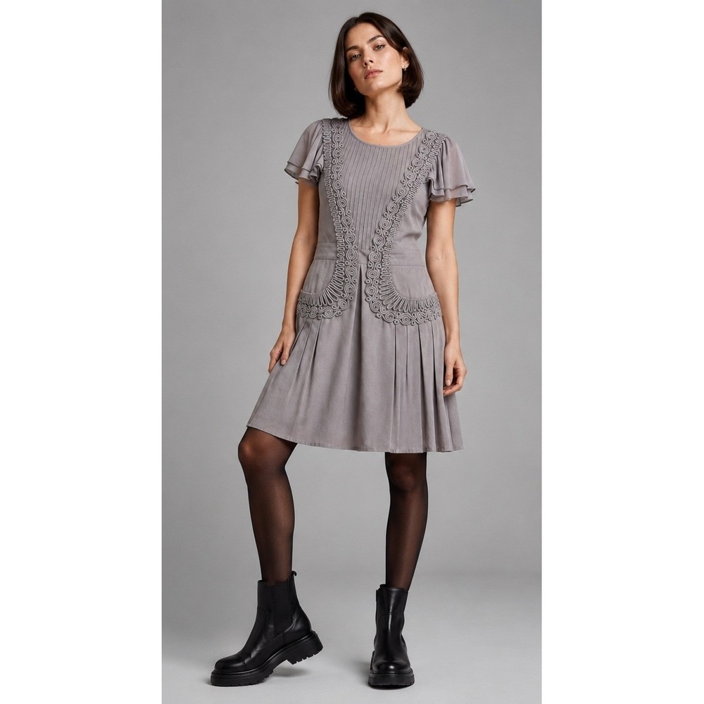 Warehouse Soutache Pleated Dress Women 10 Grey Flutter Sleeve Whimsigoth Boho